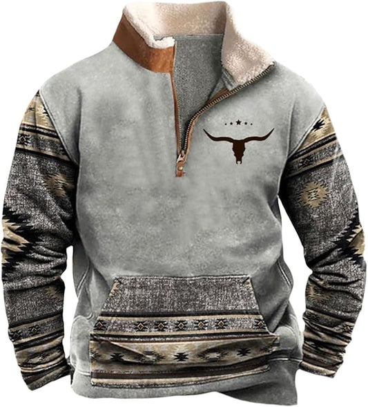 HOTYD Western Jackets for Men Cowboy Sweatshirts Vintage Ethnic Graphic Casual Long Sleeve Top 1/4 Zip Pullover Hoodies