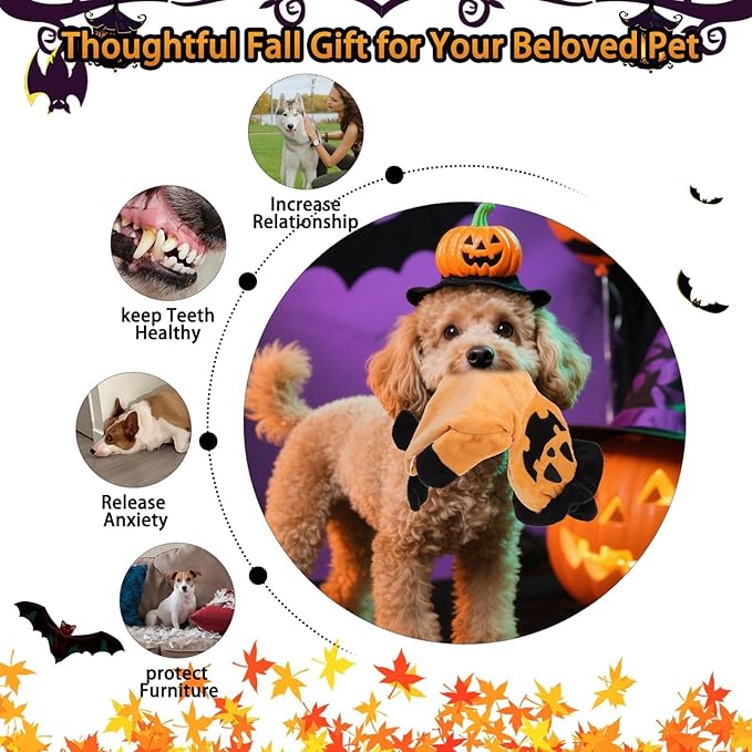 BINGPET Dog Squeaky Toys,2 Pack No Stuffing Halloween & Thanksgiving Dog Toys, Pumpkin & Turkey Interactive Plush with Squeaky Ball and Crinkle Paper, Durable Fun for Small Medium Large Dogs