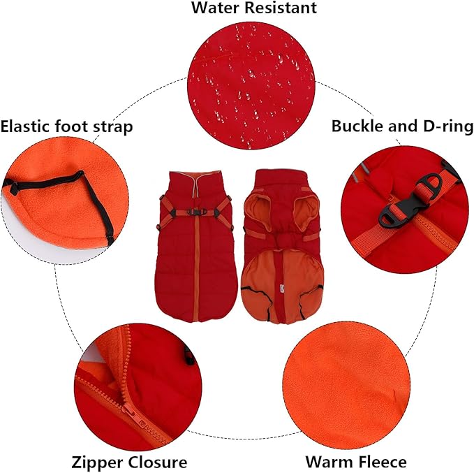 Geyecete Winter Warm Coat Waterproof Dog Winter Jacket with Harness Traction Belt,Windproof Pet Outdoor Jacket Dog Autumn-Red-S