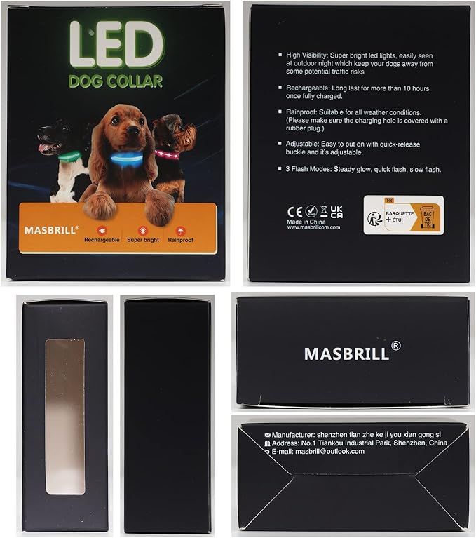 MASBRILL LED Dog Collar-Light Up Dog Collars Rechargeable Waterproof Lighted Dog Collar Night Walking Glow Collar for Small Medium Large Dogs