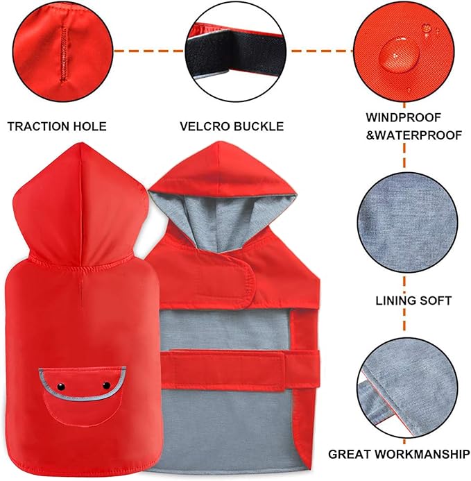Small Dog Raincoat Rain Jacket for Puppy Dogs Reflective Poncho Rainwear Waterproof Pet Clothes Warm Lined Pocket Hooded Leash Hole Adjustable,Red,XS,Back Length 6.3 Inch