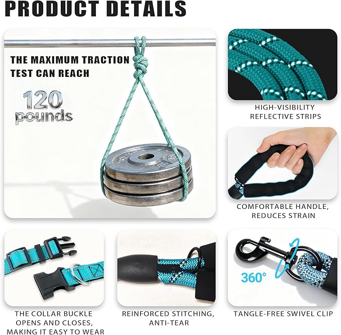 Nylon Dog Leash for Medium Large Dogs, 5-FTReflective Heavy Duty Leash with Comfortable Handle & Poop Bag Dispenser Ring, 1/2 Inch Wide, Secure Reinforcement for Walking (Blue, L)
