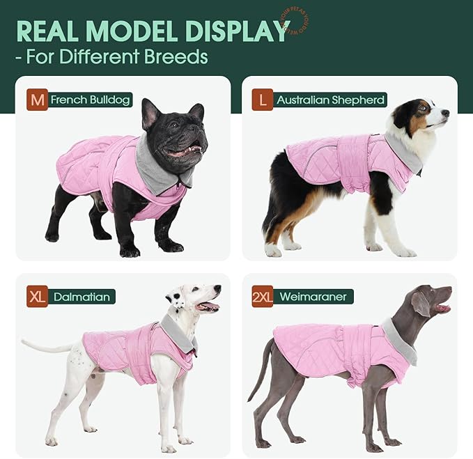 Kuoser Dog Coat, Extra Warm Dog Jacket Windproof Dogs Cold Weather Coats for Large Dogs, Fleece Lining Turtleneck Puppy Snowsuit Reflective Adjustable Pet Winter Clothes Christmas, Pink L