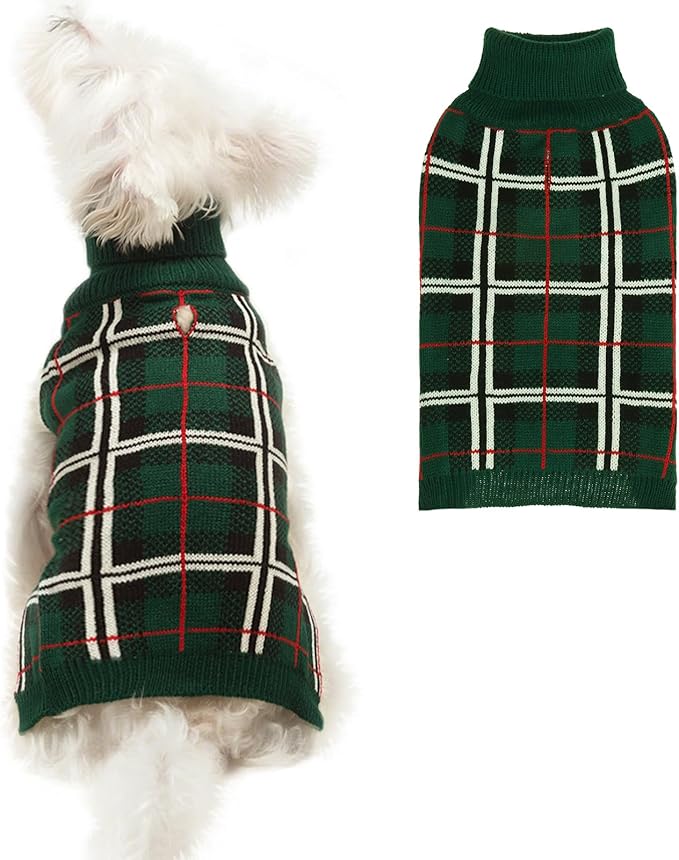 PUPTECK Dog Sweaters for Large Medium Small Dogs - Fall Classic Plaid Style Puppy Holiday Winter Coat Clothes Warm, Green, M