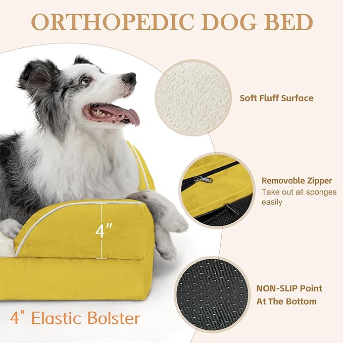 Comfort Expression Orthopedic Dog Bed for Large Dogs 38x25 Inch, Waterproof Egg Crate Foam Large Pet Bed with Removable Bolsters, Dog Couch with Washable Cover & Non-Slip Bottom, Spicy Mustard