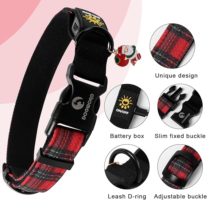 DOGWONG LED Dog Collar - Christmas Red Plaid Heavy Duty Light up Dog Collars - Rechargeable Waterproof - Lighted Dog Collars for Night Walking, Hiking, Camping(Red Plaid,L)