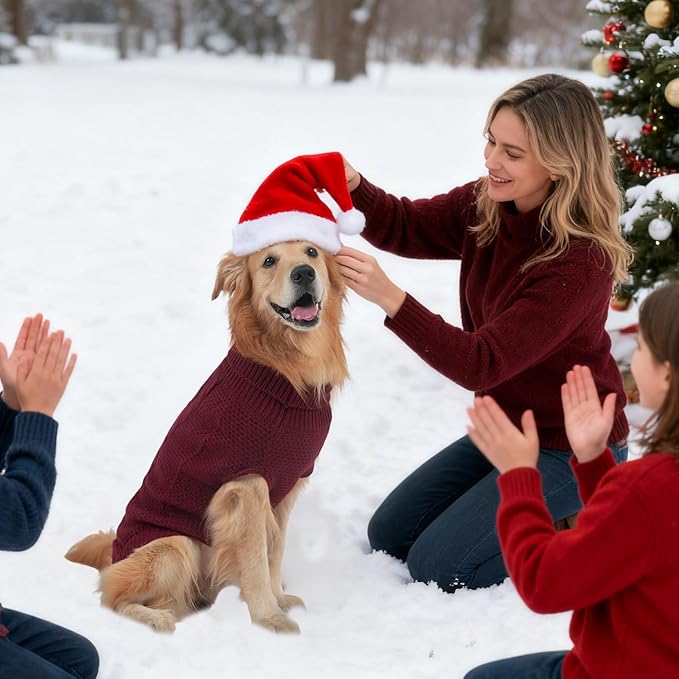 Mihachi Turtleneck Dog Sweater - Winter Coat Apparel Classic Cable Knit Clothes with Leash Hole for Cold Weather, Ideal Gift for Pet in New Year Wine Red L