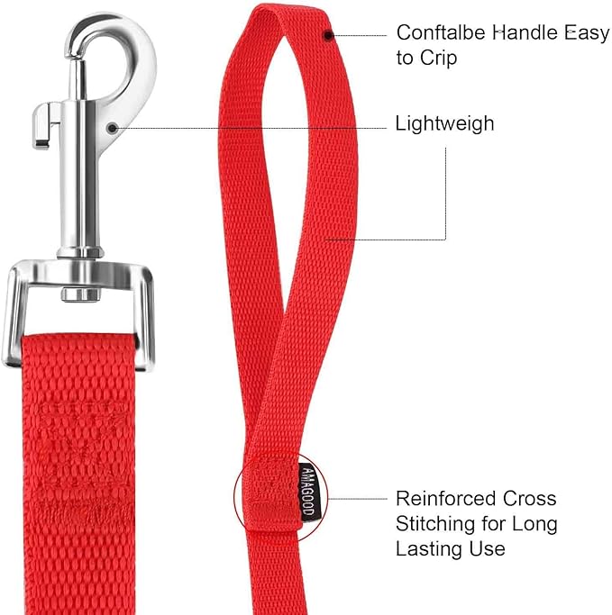 AMAGOOD 6 FT Puppy/ Dog Leash, Strong and Durable Traditional Style Leash with Easy to Use Collar Hook, Great for Small, Medium and Large Dogs (1" x 6 ft, Black and Red (2-Pack))