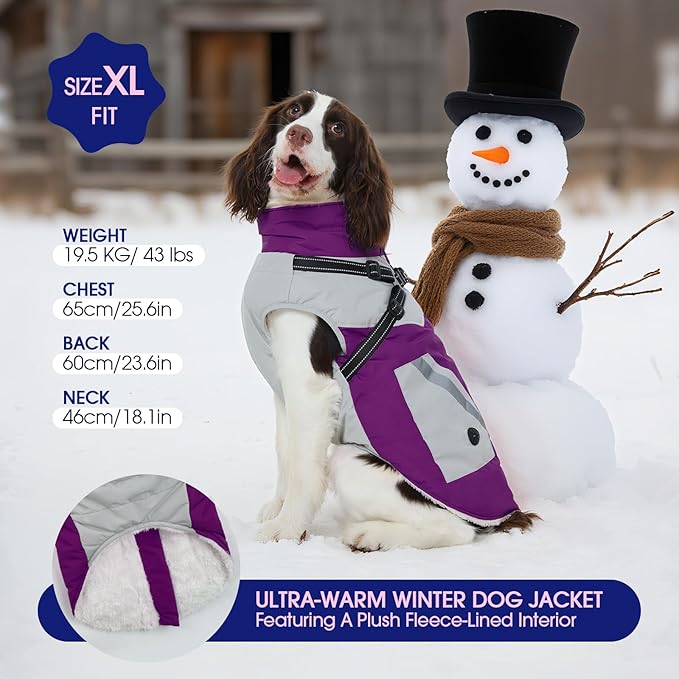 FUAMEY Dog Winter Jackets for Large Dogs,Dog Coat with Harness Built in,Waterproof Dogs Snowsuits Warm Pet Jacket Zip Up Fleece Cold Weather Coats Reflective Puppy Vest with Pocket Purple XL