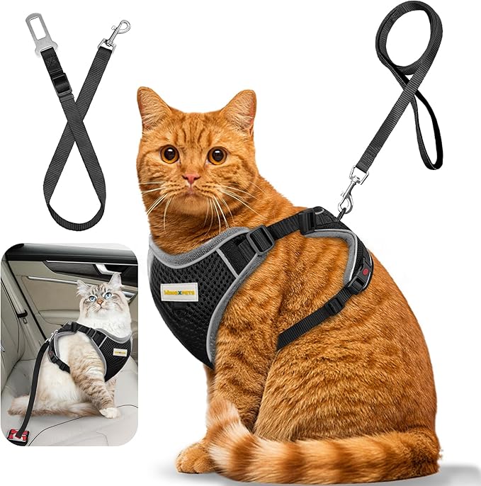 Cat Harness and Leash for Walking, Retractable Cat Harnesses and Leash Set Escape Proof, Breathable Soft Kitten Small Large Harness for Travel Training and Walking, Black, XXS