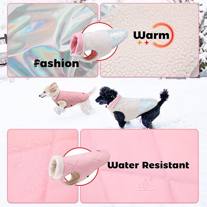 EMUST Warm Dog Jacket, Cozy Dog Fleece Coat with Leash Hole, Waterproof Reversible Winter Sweater Coats for Small Dogs, Cream, XS