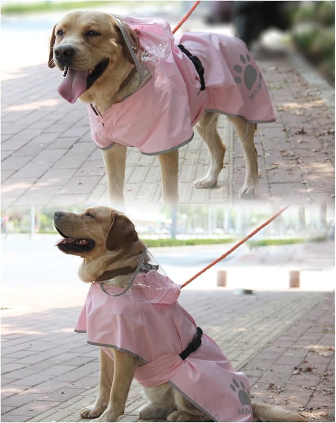 Waterproof Dog Raincoat, Reflective Adjustable Hooded Dog Rain Coat, Lightweight Breathable Pet Rain Jacket Poncho Double Layer with Leash Hole for Small Medium Large Dogs (Pink, Small)
