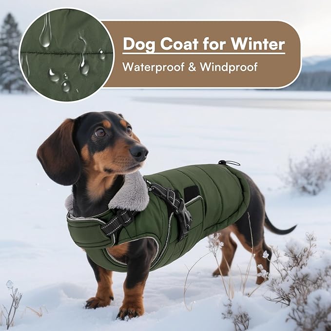 Queenmore Winter Dog Jackets for Extra Large Dogs with Harness Built-in, Waterproof Puffer Coat for Large Breed, Pet Snow Jacket for Winter/Cold Weather - Fleece Easy On Reflective, Green XL
