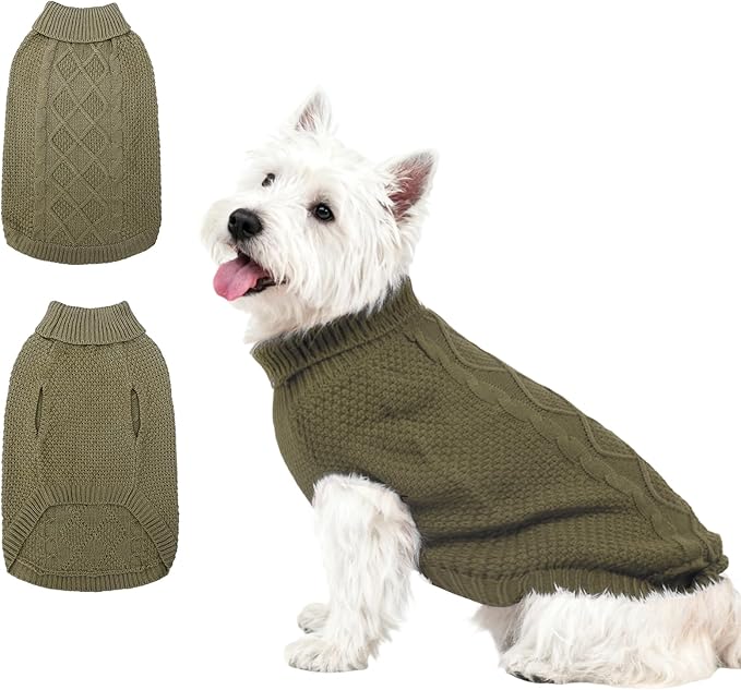 Mihachi Turtleneck Dog Sweater - Winter Coat Apparel Classic Cable Knit Clothes with Leash Hole for Cold Weather, Ideal Gift for Pet in New Year Army Green New XS