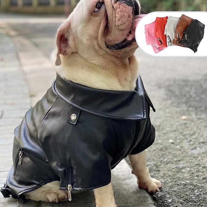 Lovelonglong Cool Dog Leather Jacket, Warm Coats Dogs Windproof Cold Weather Coats for Pugs Bulldog Pitbull Black B-M