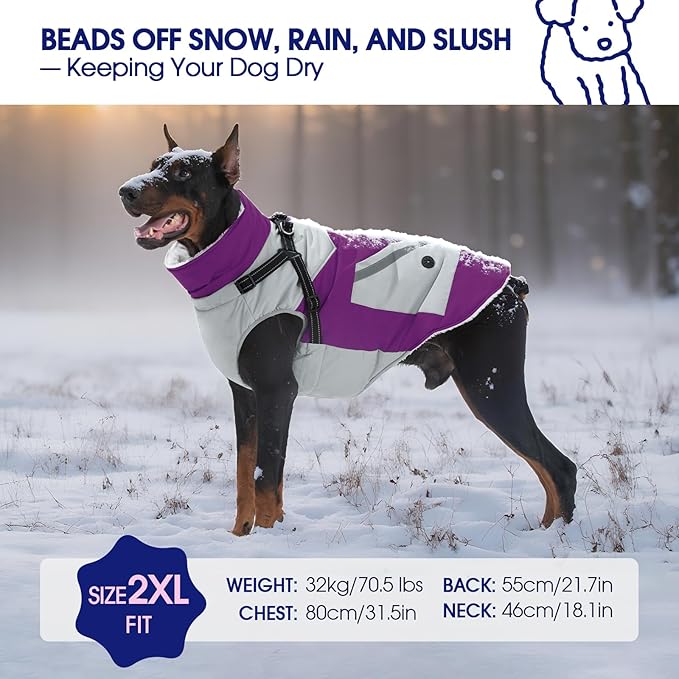 FUAMEY Dog Winter Jackets for Large Dogs,Dog Coat with Harness Built in,Waterproof Dogs Snowsuits Warm Pet Jacket Zip Up Fleece Cold Weather Coats Reflective Puppy Vest with Pocket Purple L