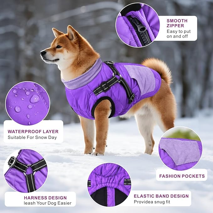 Mosucoirl Warm Dog Coats Pet Clothes, Waterproof Dogs Jacket Reflective Pet Outfits Winter Dog Cold Weather Coat Cozy Snow Jackets Vest for Small Medium Large Dogs Puppy Doggie (Purple, M)