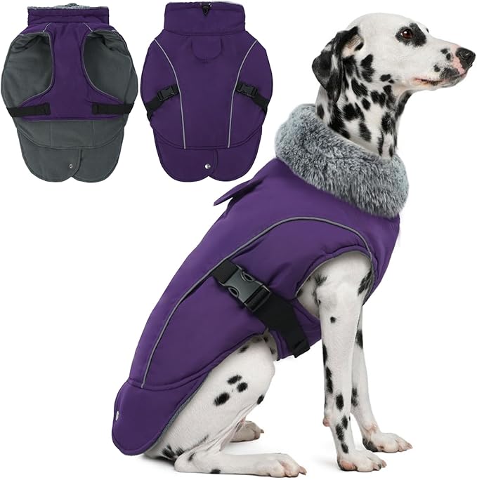DENTRUN Large Dog Coat - Thick Fleece Lined Reflective Winter Jacket, Snap Closure & Leash Hole, Warm Thick Fleece Lined, Plush Turtleneck Vest for German Shepherd, Purple, XXL