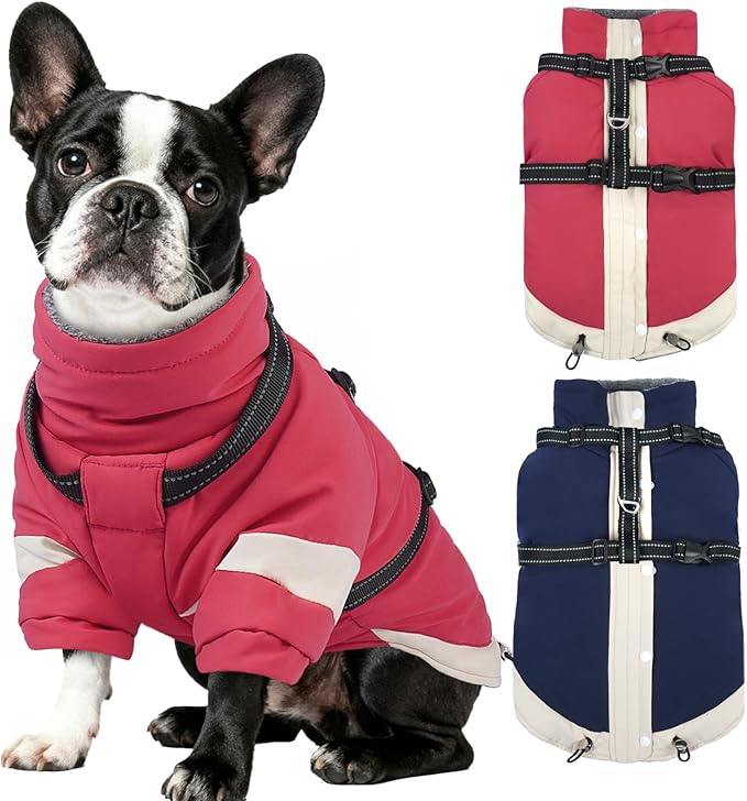 MIGOHI Dog Coat with Harness Built in, 2-in-1 Water-Resistant Dog Jacket, Thermal Fleece Lined Coat with Reflective Strips for Medium Dogs, Zip Up Closure, French Bulldog, Pink, M