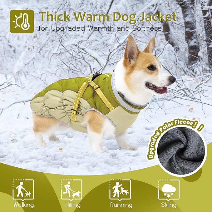 Dog Winter Coat with Harness, Dog Jacket, Pet Clothes with Zipper on Back, Waterproof Windproof Warm Vest, Reflective Cold Weather Coats, for Small Medium Large Dogs, Thick, Green, 3XL