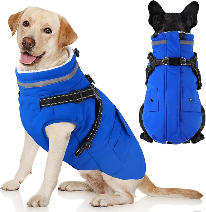 Dogcheer Dog Coat with Harness, Waterproof Warm Dog Winter Jacket with Pockets, Reflective Pet Fleece Jacket Turtleneck Snowsuit for Small Medium Large Dogs - Blue, XS