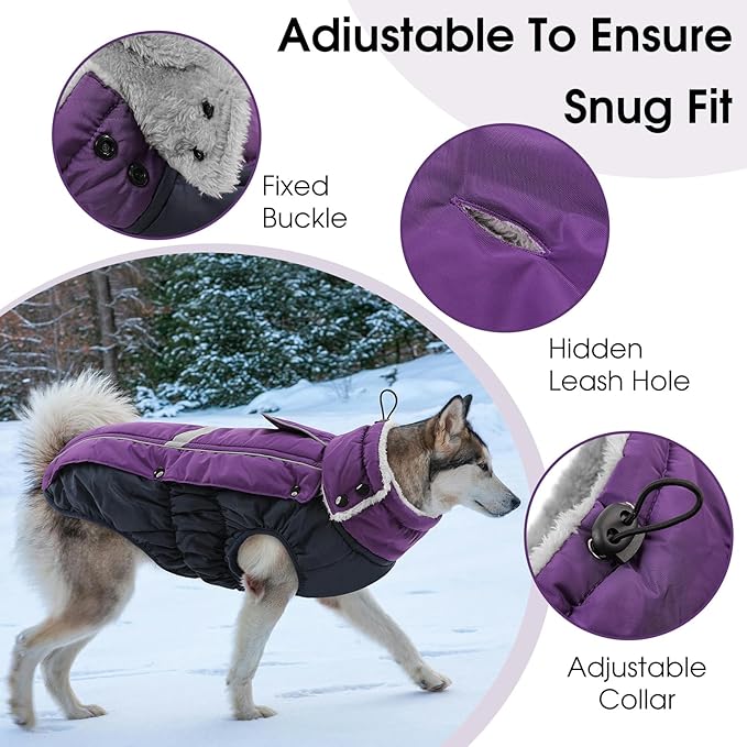 Queenmore Warm Fleece Dog Jacket, Cold Weather Waterproof Snowsuit, Reflective Turtleneck with Leash Hole, Small to Large Dog Coats (Purple, L)