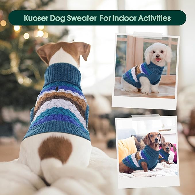 Kuoser Dog Sweater, Large Sweaters for Dog Girls Boys Christmas Thanksgiving Outfit, Thick Fall Winter Cable Knitwear, Pet Sweatshirt Warm Clothes Turtleneck Pullover, Blue L