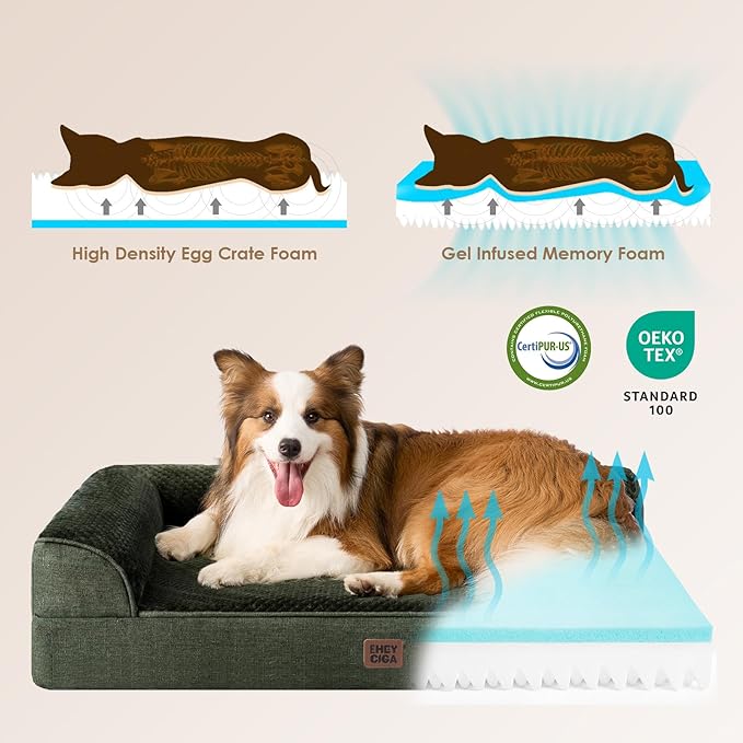 EHEYCIGA Memory Foam Dog Bed Large Sized Dogs, Pet Bed for Large Dog for Crate with Waterproof Liner, Pet Couch Bed Orthopedic with Washable Removable Cover, 35x23x6 Inches, Dark Green