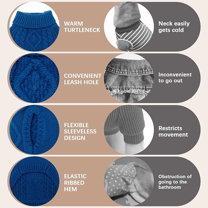 BINGPET Thermal Knitted Dog Sweater for Small Medium Large Dogs,Winter Dog Cat Coat Warm Sweartershirts Outfits,Classic Cable Knit Turtleneck Pullover Dog Jumper Coat Warm Sweartershirts(Blue,L)