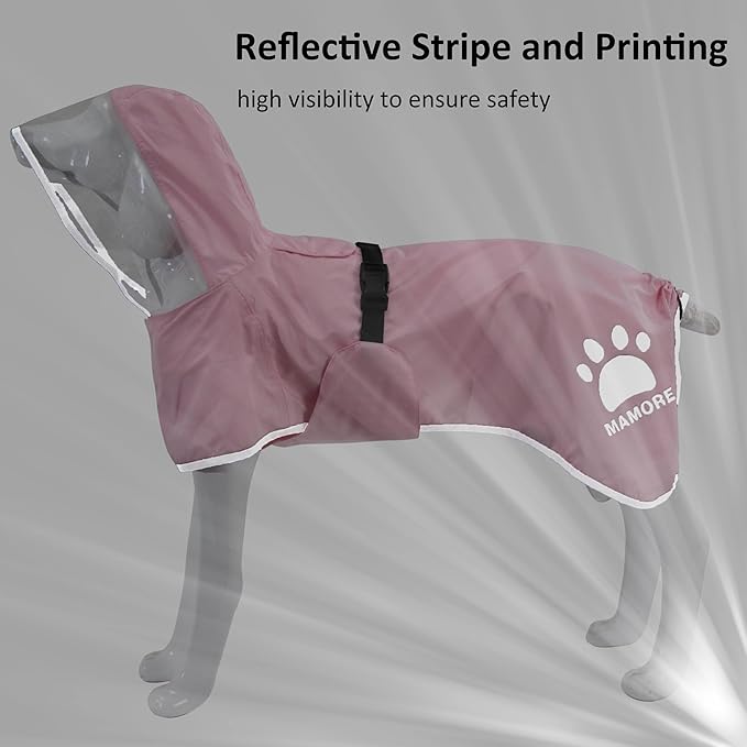 MAMORE Dog Raincoat Waterproof, Lightweight Adjustable Dog Rain Coat Hooded Poncho with Reflective Strip for Large Medium Small Dogs(Pink, Large)