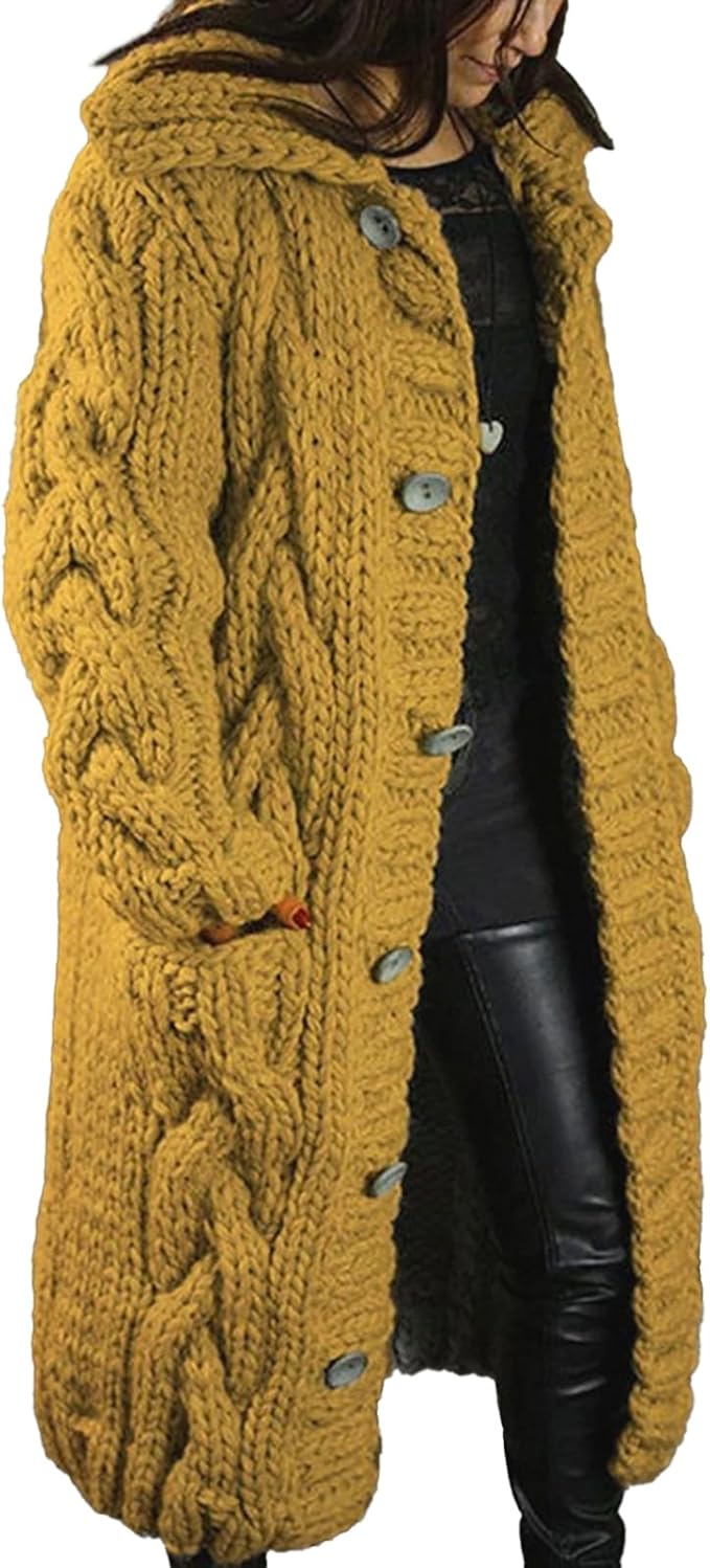 LOAIHA Women Chunky Cable Knit Long Sleeve Cardigan Fall Winter Trendy Oversized Button Down Sweaters Outerwear with Pocket