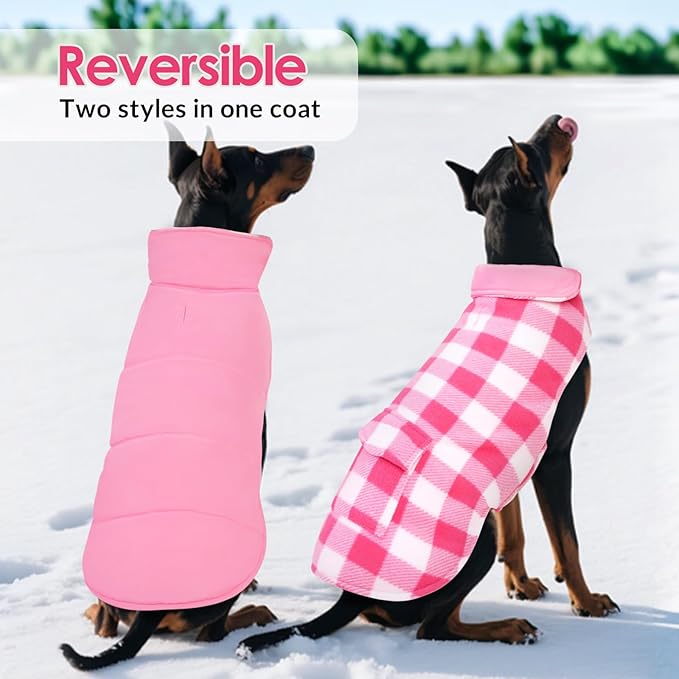 ASENKU Dog Winter Coat, Fleece Doggie Jacket Plaid Reversible Vest Waterproof Windproof Cold Weather Clothes for Small Medium Large Dogs (Pink, XL)