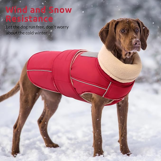 ASENKU Warm Dog Coat, Waterproof Dog Jackets for Large Dogs with Reflective Fleece Vest Turtleneck with Button, Windproof Cold Weather Coats for Small Medium Large Dogs, Dark Red, L