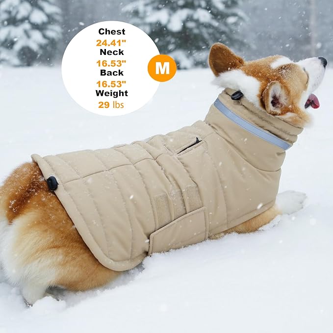 Dog Coat, Waterproof Winter Jacket, Warm Windproof Jacket, Reflective Adjustable Turtleneck Coats for Small Dogs with Hook & Loop - Khaki - S