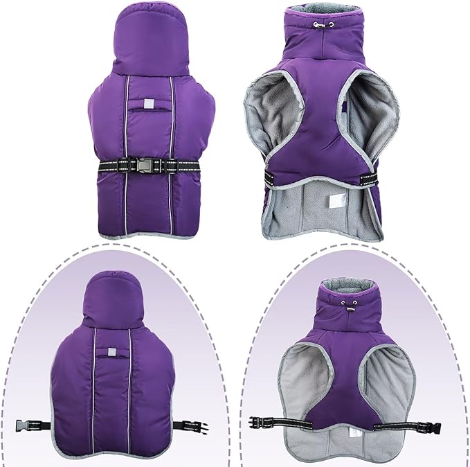 Warm Dog Jacket,3XL Dogs Reflective Adjustable Winter Coat with Turtleneck for Cold Weather,Waterproof Fleece Snowsuit Large Dogs,Pet Cold Weather Coats,Dog Winter Coat Windproof,Purple,3XL