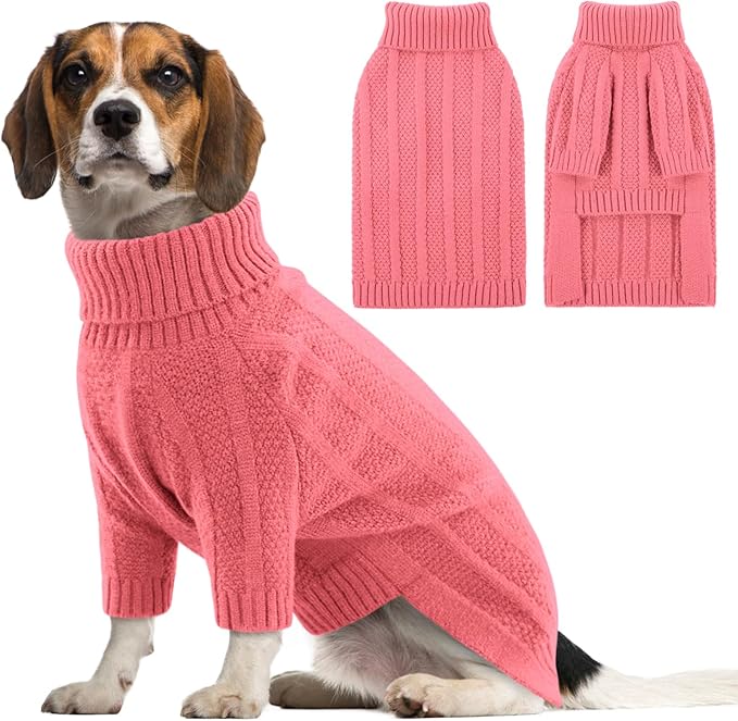 Queenmore Dog Sweater Large Size Dog, Large Dogs Sweater Xmas,Turtleneck Pullover Doggy Sweaters for Dogs Girls Boys,Sweater Pet L,Thanksgiving Knitted Doggy Clothes for French Bulldog(Pink,L)