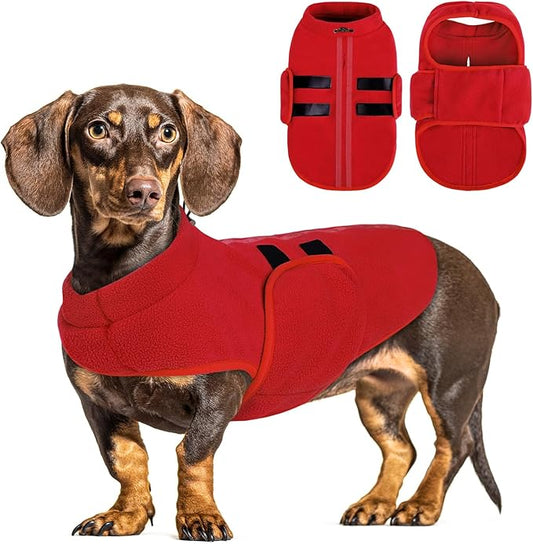 Queenmore XL Dog Sweaters, Soft Fleece Vest Pullover Dog Jacket with Leash Hole, Warm Winter Dog Clothes Cold Weather Doggy Dachshund Sweater for Large Dogs Cats Boy or Girl (Red, XL)