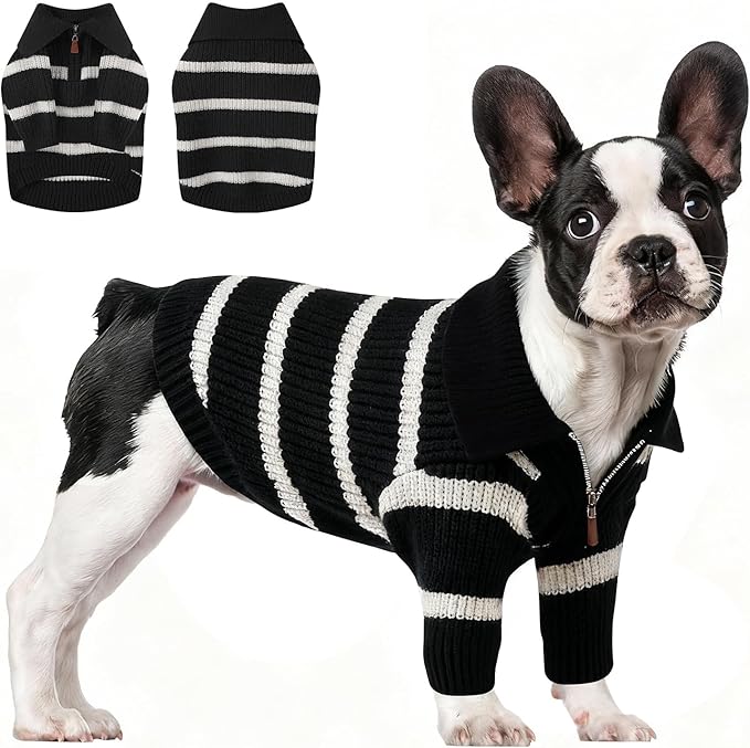 Small Dog Sweater with Zipper, Knitted Striped Pullover Dog Clothes for Cold Weather, Thick Warm Cozy Stretchy Sweater for Chihuahua, Bulldog, Dachshund, Pug(Black & White Strip, XL)