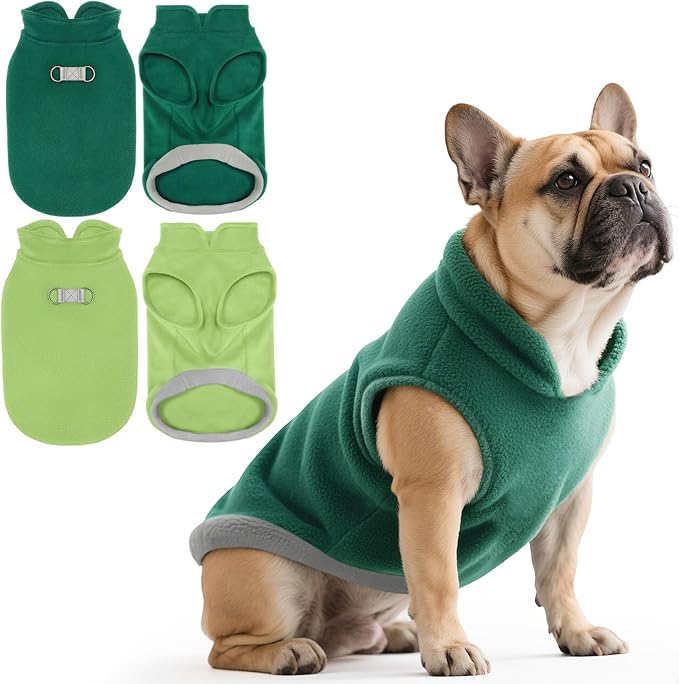 Idepet 2 Pack Dog Fleece Vest Sweater Warm Pullover Jacket with D-Ring Leash Reflective Winter Coat Hoodie for Bulldog Pug Chihuahuas Yorkies Dachshunds(Dark Green&Grass Green,XX-Large-French Bulldog)