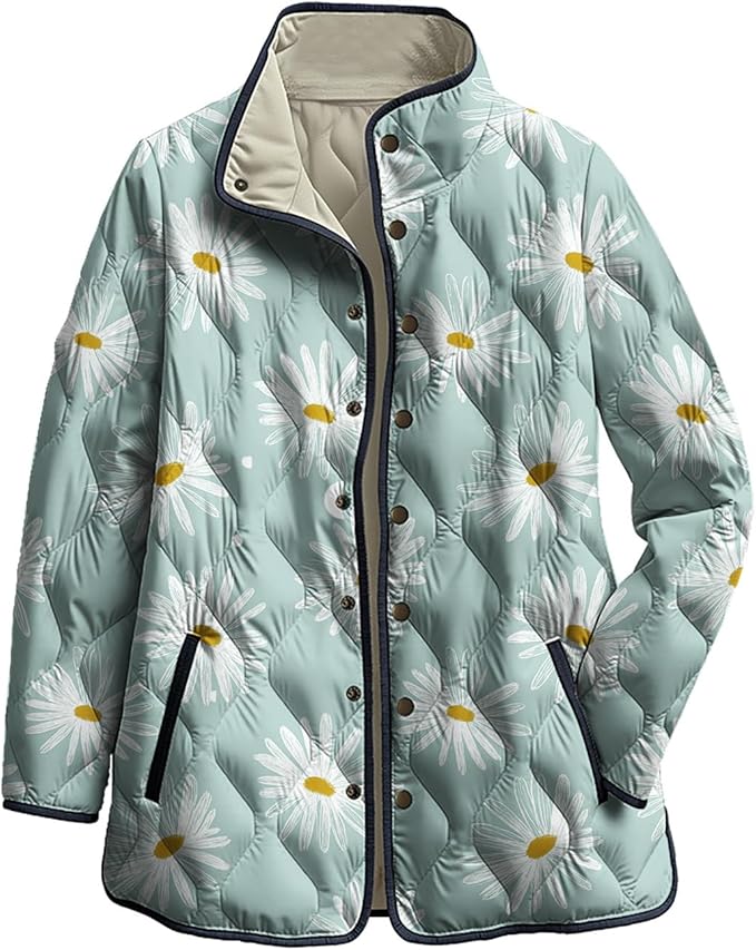 LIZALIG Women's Cropped Puffer Jacket Lightweight Floral Print Long Sleeve Padded Quilted Puffy Cardigan Coat
