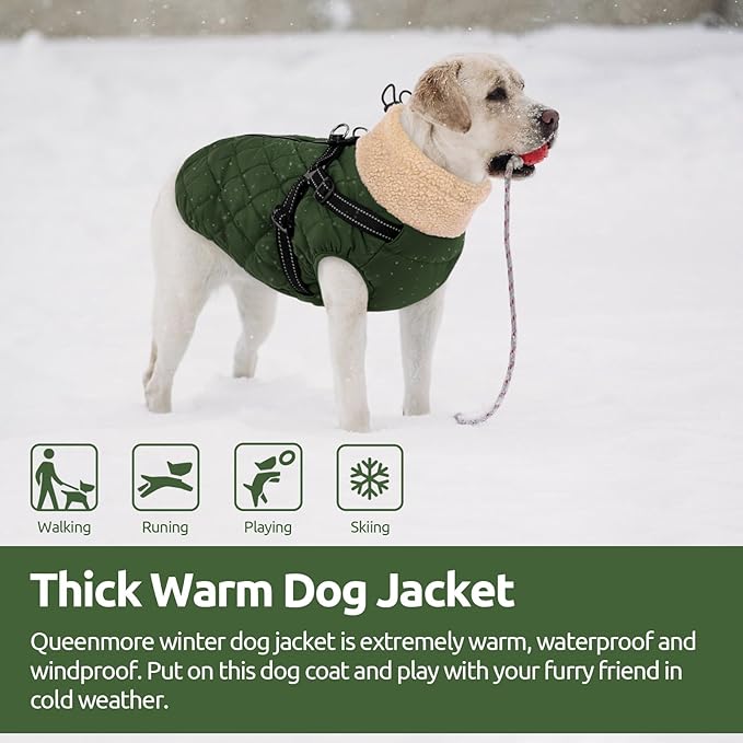Queenmore Dog Coat, Dog Coats for Small Dogs, Doggy Winter Jacket with Zipper On Back, Waterproof Pet Jacket with Harness Built in, Pet Puffer Coat for Bichon, Schnauzer, Yorkie, ArmyGreen S