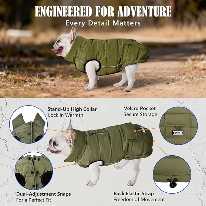Dog Winter Jacket Waterproof, Reflective Fleece Lined Dog Coats for Small Medium Large Dogs, Warm Snow Coat for Dogs, Insulated Cold Weather Dogs Puffer Jackets with Leash Hole, Olive, L