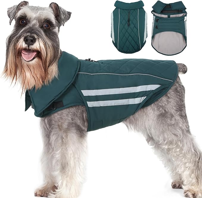 Large Dog Jacket Waterproof Warm Dog Winter Coats with Harness Hole Turtleneck Reflective Snowsuit Adjustable Fleece Coat for Dogs French Bulldog, Green L