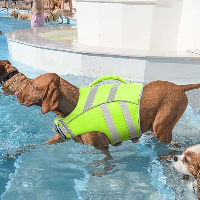 Kuoser Dog Life Jacket XL, Large Vest for Swimming Boating, Reflective Water Vest with High Flotation for Large Dogs, Green