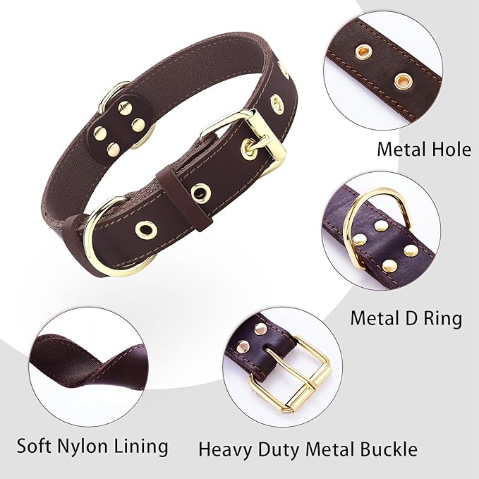 Dog Collar, Leather Dog Collar with Adjustable Sturdy Metal Buckle,Heavy Duty Dog Collar for Walking, Hiking, Training, Hunting (Brown,XS:13.4"-15.8" Neck)