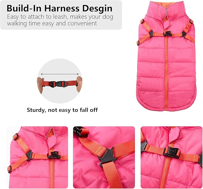 Geyecete Winter Warm Coat Waterproof Dog Winter Jacket with Harness Traction Belt,Windproof Pet Outdoor Jacket-Pink-XL