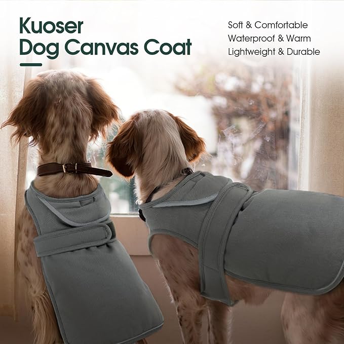 Kuoser Canvas Dog Coat, Warm Dog Jacket Reflective Fleece Pet Cold Weather Coat, Warm Doggie Clothes Waterproof Winter Vest with Zipper Leash Hole for Small Medium Large Dogs, Grey L