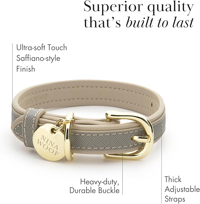 NINA WOOF London Vegan Leather Dog Collar - Luxury Adjustable Buckle for Small to Large Dogs - Padded - Grey Over Beige, Large