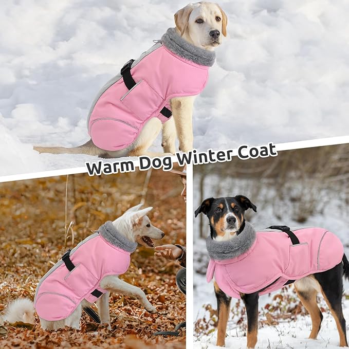 Queenmore XL Dog Jackets, Dog Coats for Large Breeds Winter Waterproof, Thick Fleece Lining Doggie Coats for X-Large Dogs Winter, Pet Jackets, Pink, XL