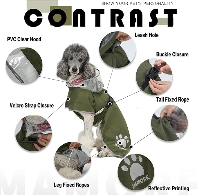 MAMORE Dog Raincoat Hooded Rain Jacket for Small Medium Large Dogs Slicker Poncho Bottom Waterproof Adjustable Reflective Breathable Leash Hole (Army Green, Medium)